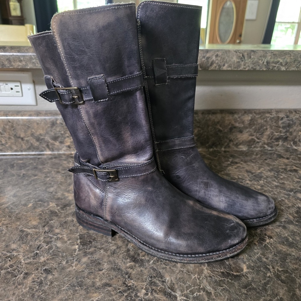BED STU Distress Black Leather Zip Buckle Mid Calf Fashion Boots Womens Sz 7 M